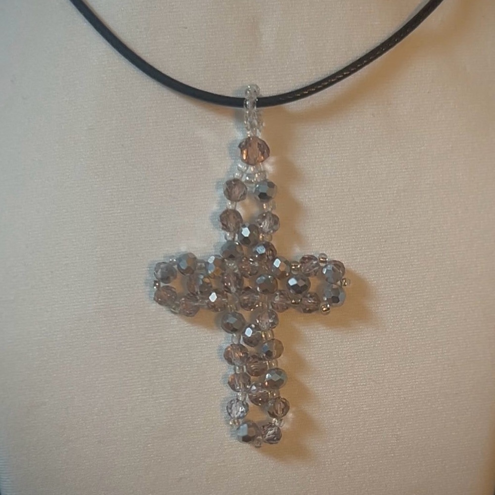 Silver Crystal Beaded Cross Pendant Necklace (Handmade) - Picture 2 of 3